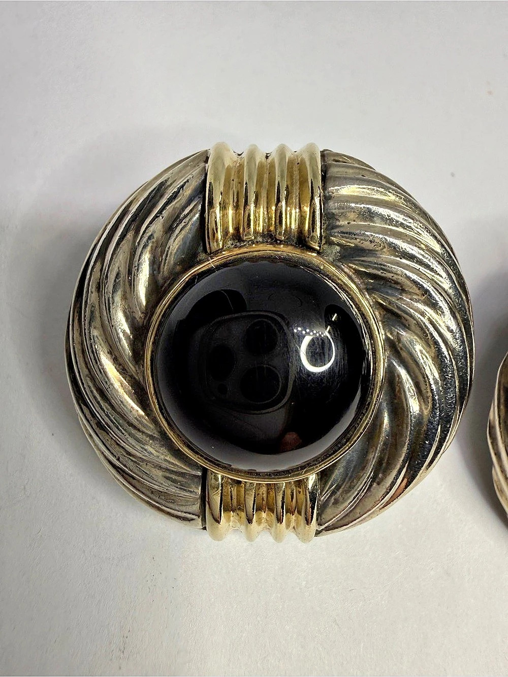 Designer Rigoberto Sterling Silver 14K Gold Onyx Clip-On Earrings Vintage Signed - Picture 4 of 16